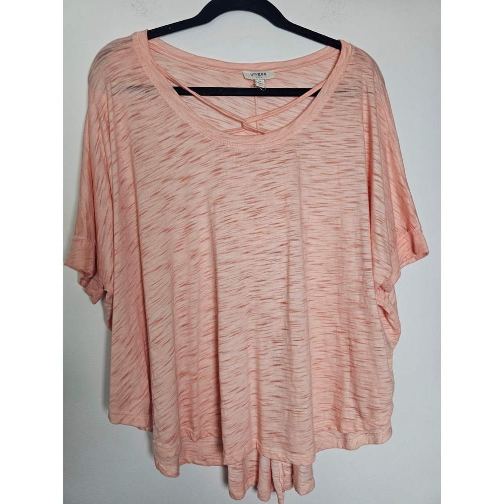 Boho Umgee Oversized Top Womens Medium Peach Slub Knit Strappy High Low G0924